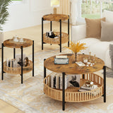 3 Pieces Coffee Table Set for Living Room, 2 Tier Round Rattan Coffee End Side Table