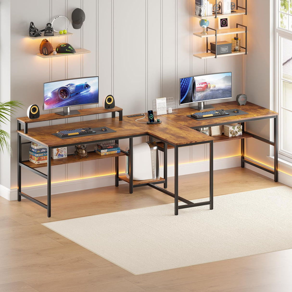 94.5 Inch 2 Person Computer Desk with Bookshelf, Double Long Home Office Desk