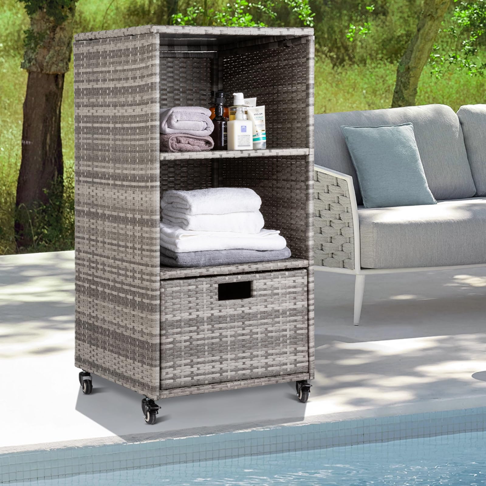 Outdoor Towel Cabinet, Pool Accessory Storage Organizer, Freestanding Waterproof