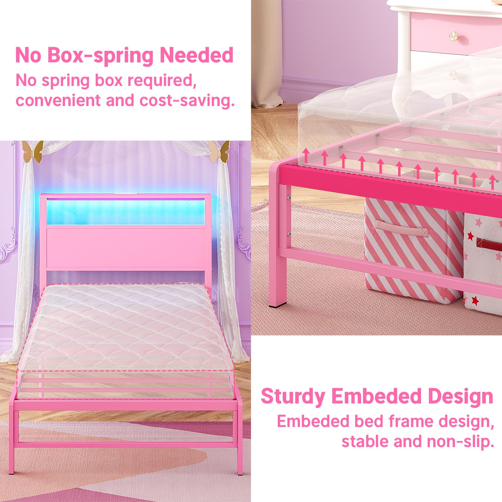 Twin Bed Frame with Storage, LED Lights & Charging Station