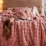 Faux Fur Queen Comforter Set – Pink Fluffy Comforter Queen Size, Big Bubble Faux Rabbit