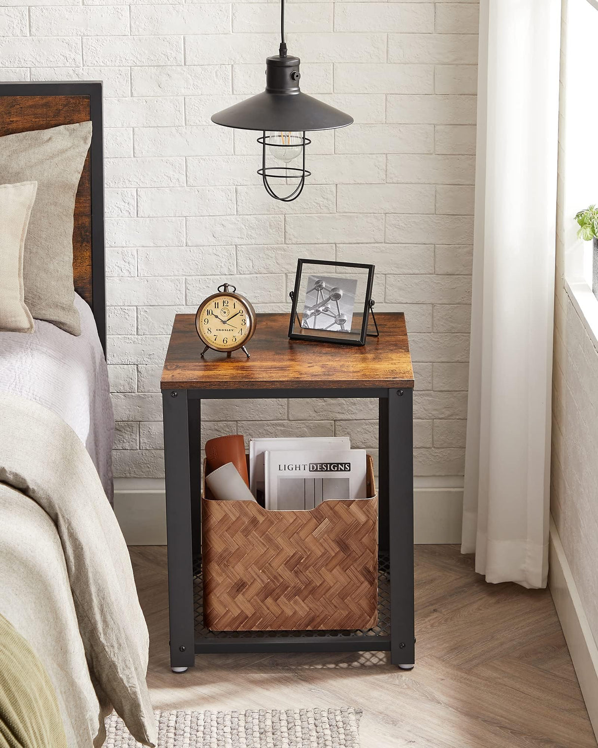 Side Table, 2-Tier Nightstand, End Table with Mesh Shelf, Steel Frame, Adjustable Feet