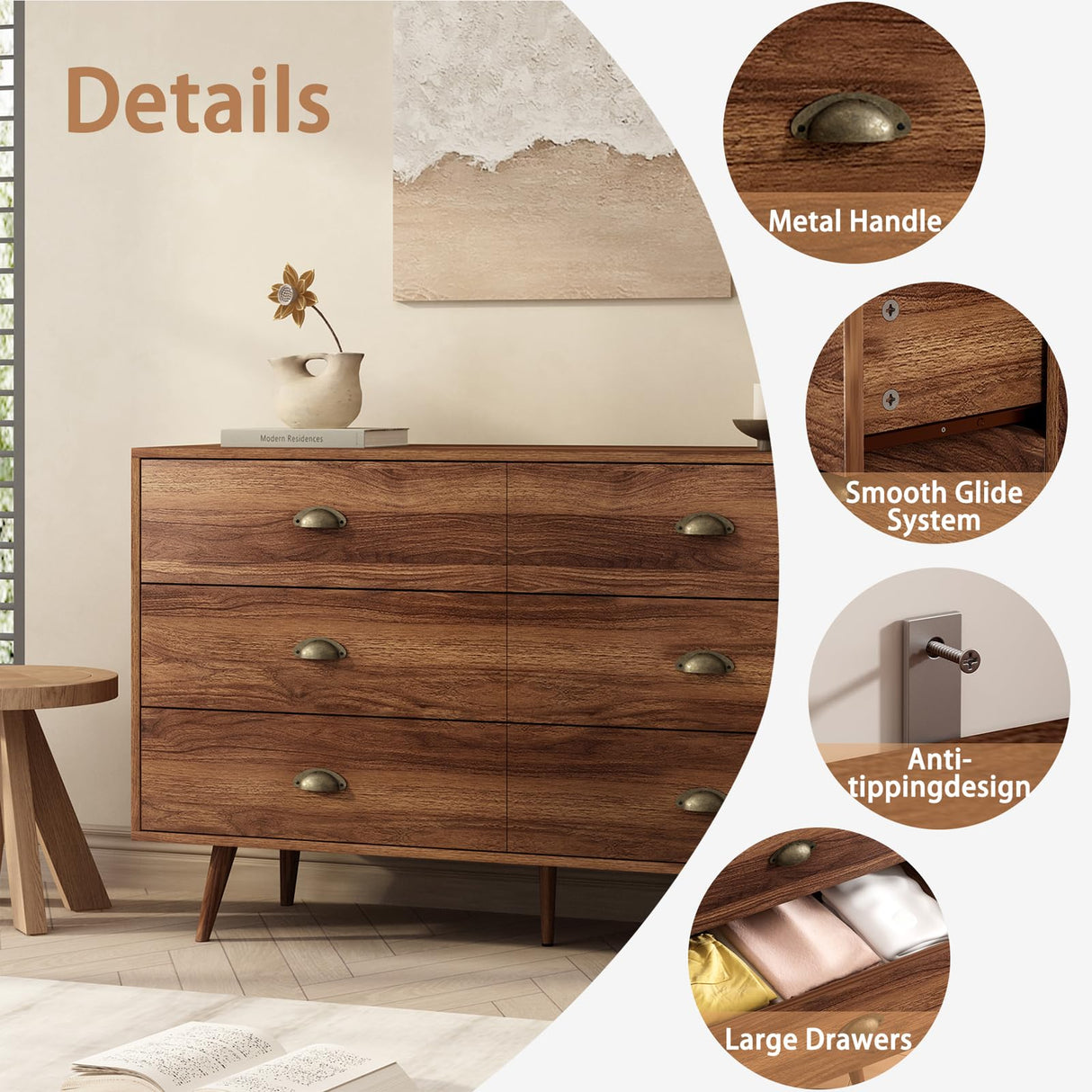 CARPETNAL Walnut Brown Dresser for Bedroom, 6 Drawer Dresser with Wide Drawers and Metal Knob, Wood Dressers & Chest of Hallway, Entryway.