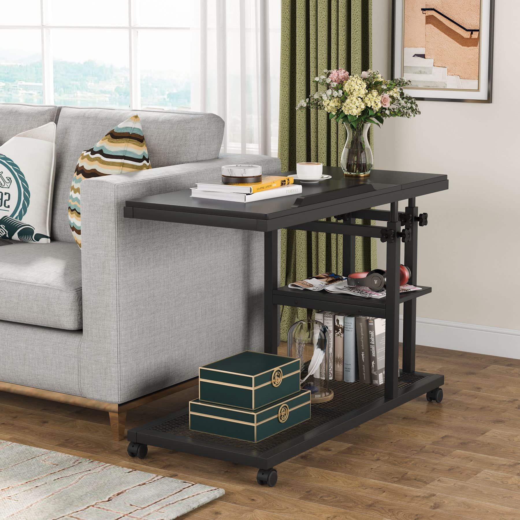TribeLift Adjustable Rolling C-Shaped Snack Table with Tilt Top & Storage