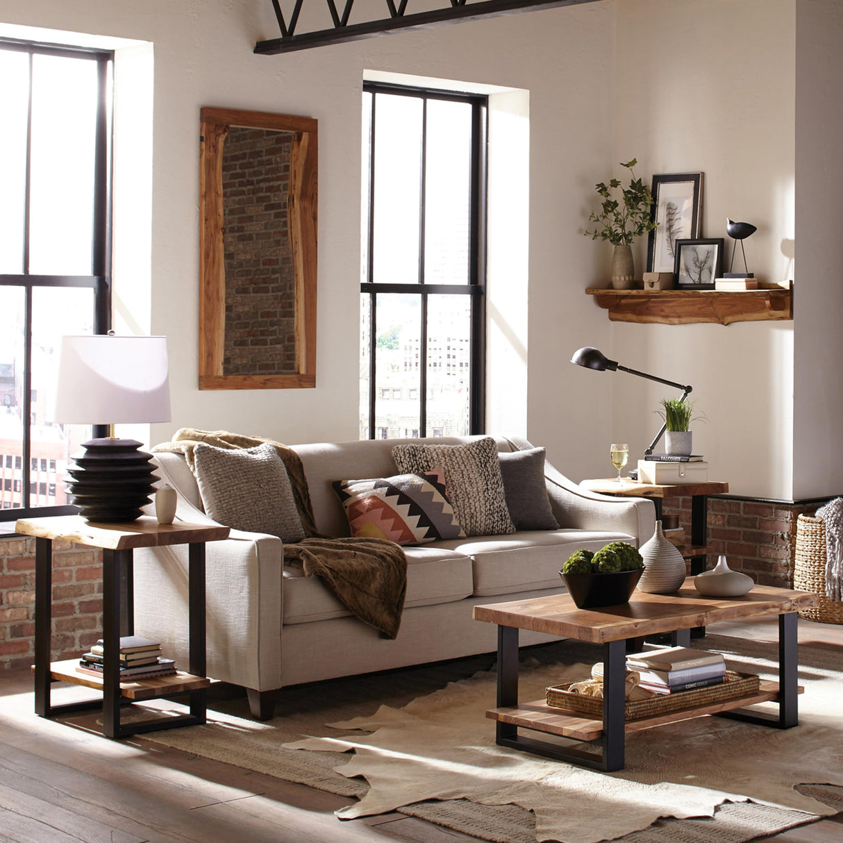 Wood Live Edge Coffee Table w/ Metal Strap Legs, Brown, Black Metal Accents