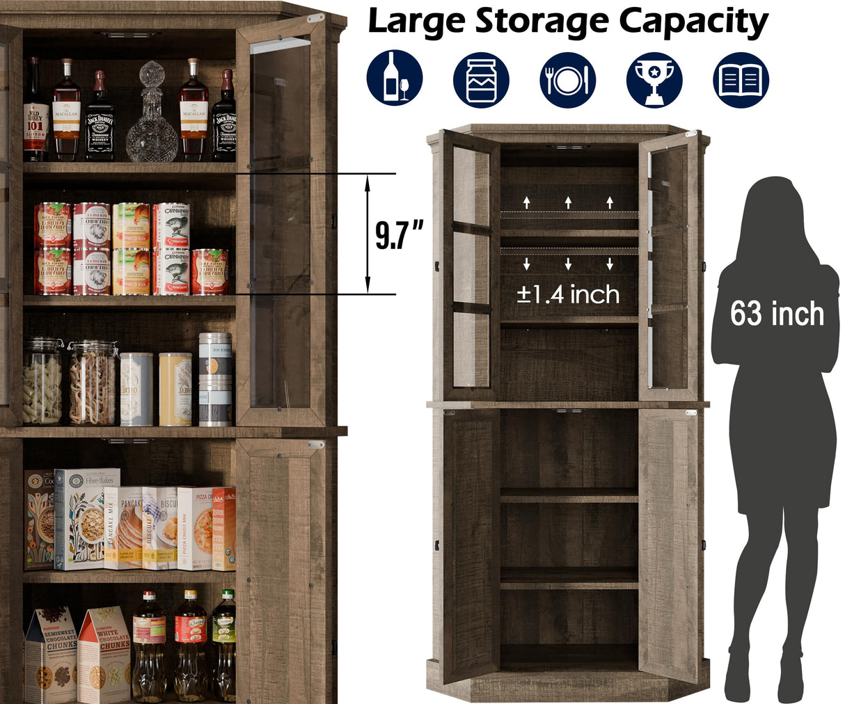 Corner Storage Cabinet, 67" Kitchen Corner Pantry Cabinet with Glass Doors, Farmhouse