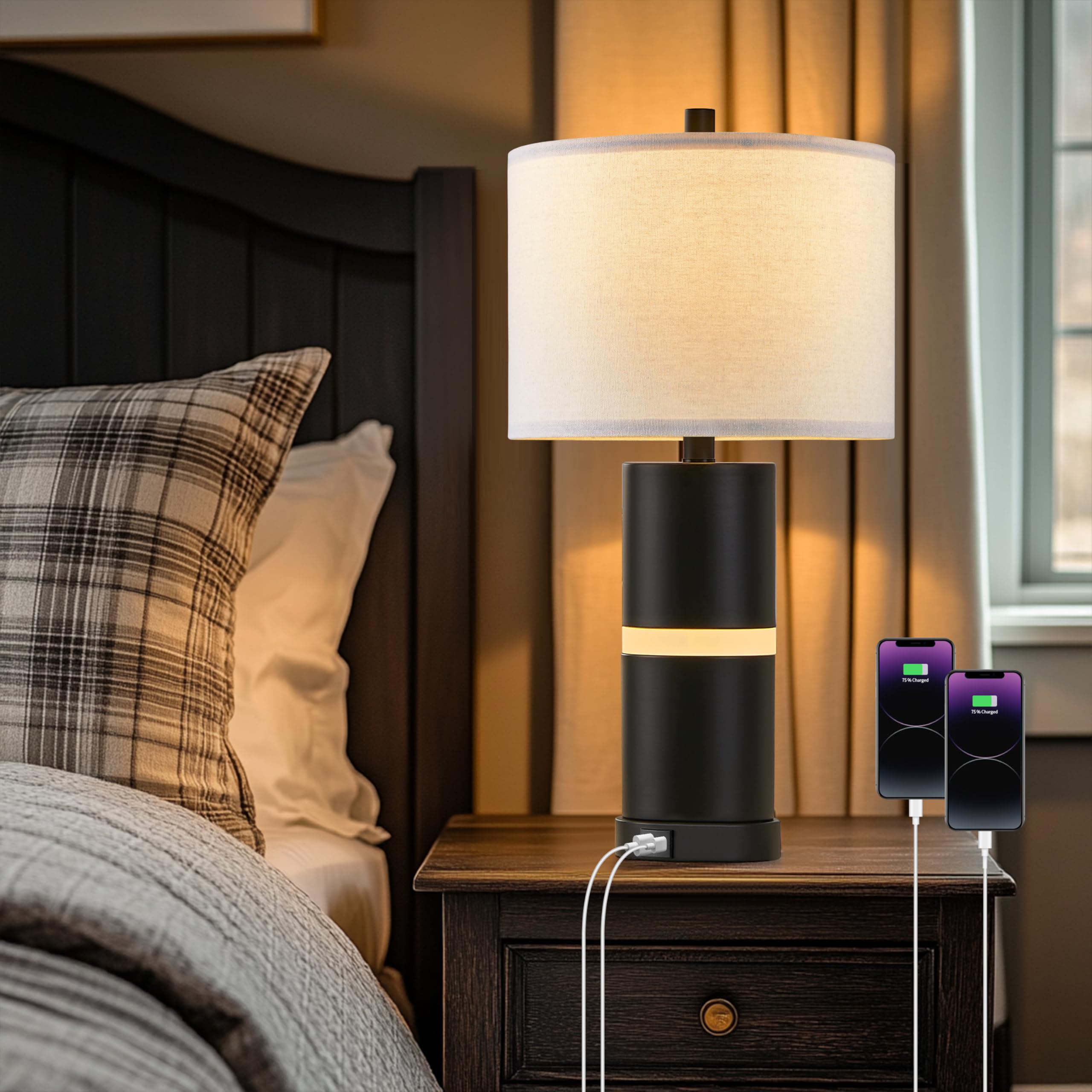 23.25" Black USB Table Lamp Set with Built-in Night Light (Set of 2)