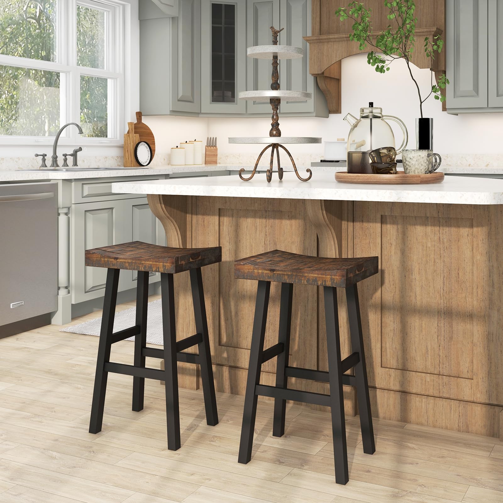 Wooden Saddle Stools Set of 4, 29-inch Bar Height Stools with Curved Seat Surface