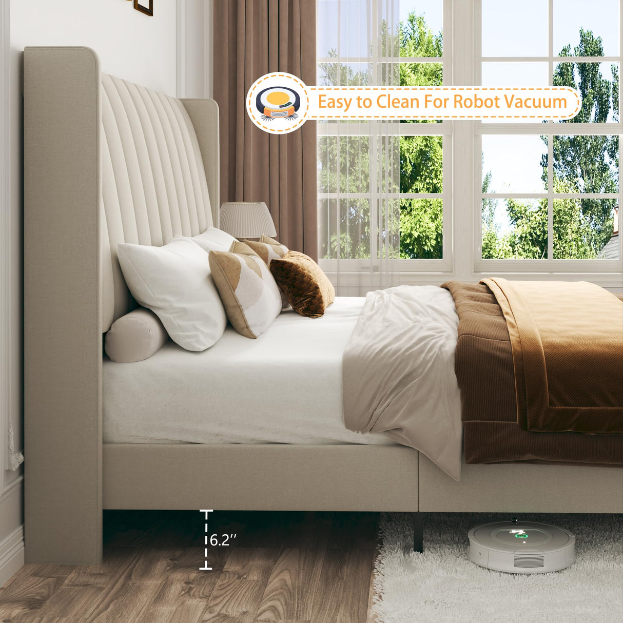 Queen Upholstered Bed Frame with Vertical Channel Wingback Headboard