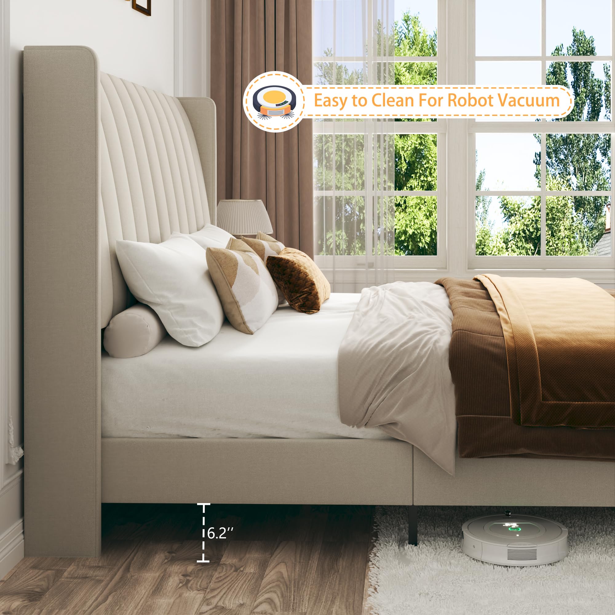 Queen Upholstered Bed Frame with Vertical Channel Wingback Headboard