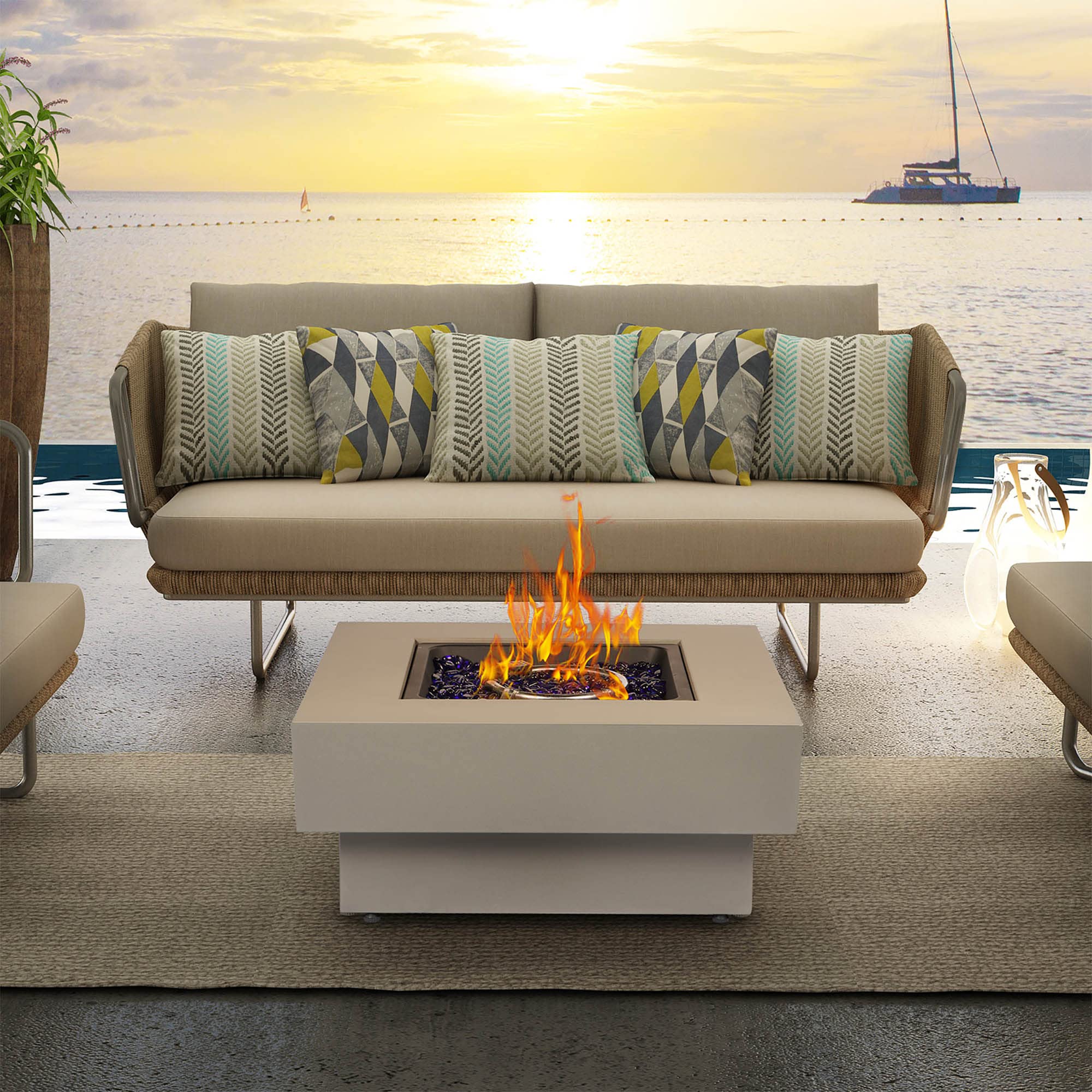 BAIDE HOME Propane Fire Pit Table, 33-inch 50,000 BTU Outdoor Gas Fireplace for Patio, Square Low Profile Fire Table w/Lid, Glass Rocks, Rain Cover, Pre-Attached 10ft Propane Hose, Flint Gray