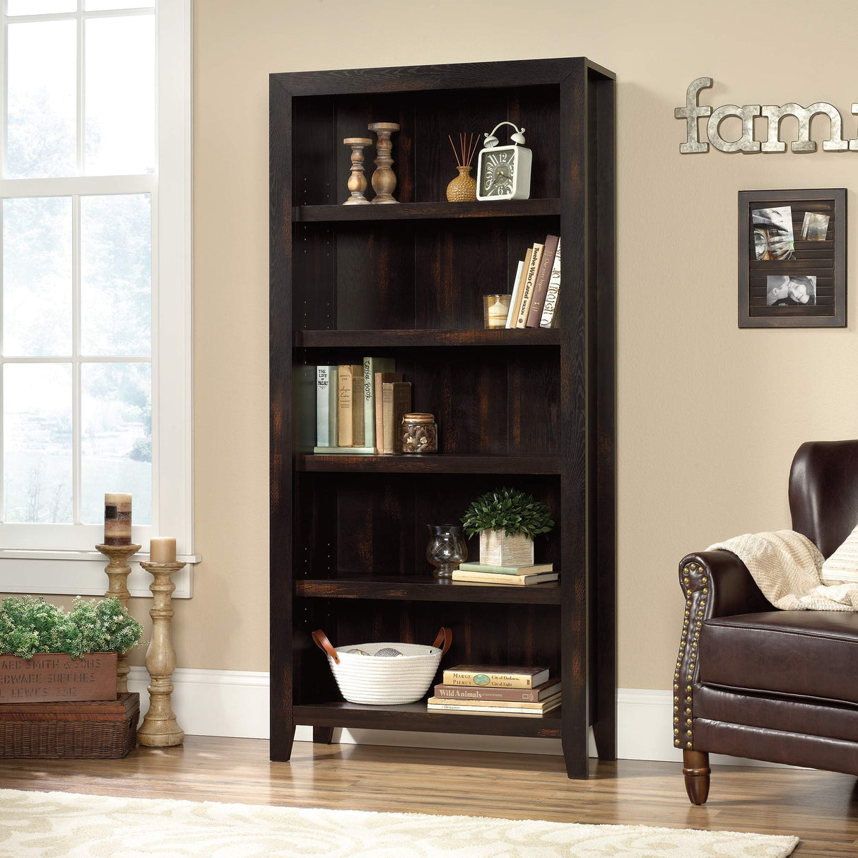 Pass 5-Shelf Bookcase Rustic Bookshelf, L: 33.78" x W: 12.52" x H: 71.10", Char Pine