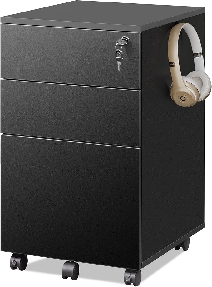 3 Drawer Rolling File Cabinet with Lock, Wood Under Desk Filing Cabinet fits