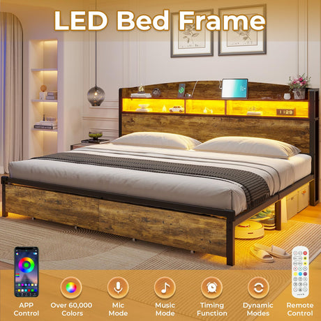 King Size Bed Frame with Storage & LED Light Headboard, Metal Platform Bed