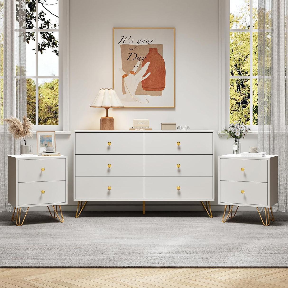 6 Drawer Dresser and Night Stand Sets for Bedroom, Two Drawers Nightstand Set of 2 & 6 Drawer Dresser with Gold Handle, Modern White and Gold Dresser Set (3 Piece)