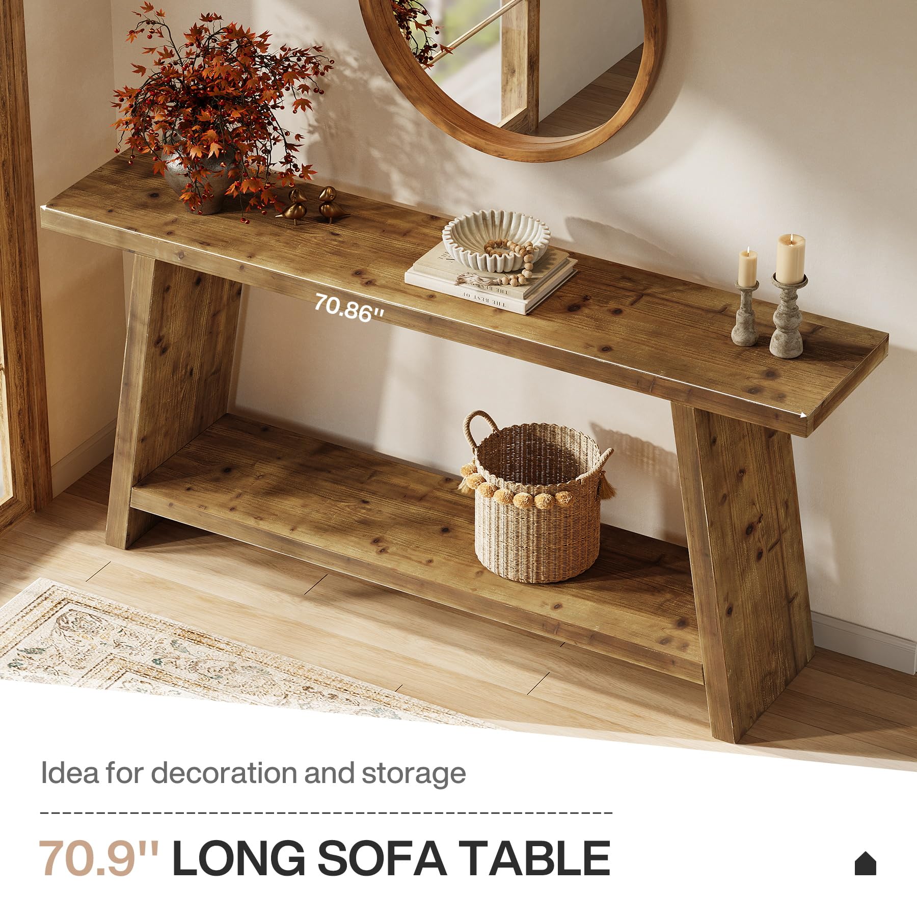 70.9" Solid Wood Console Table with 2-Tier Storage - Farmhouse Entryway Table