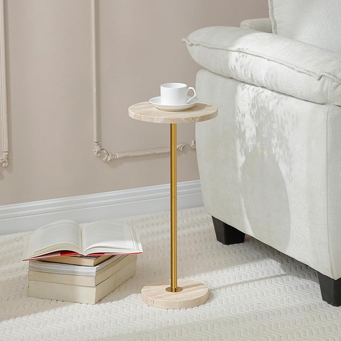 9.8-inch Marble Round Drink Table, Stone Finish Top Pedestal End Table for Living Room