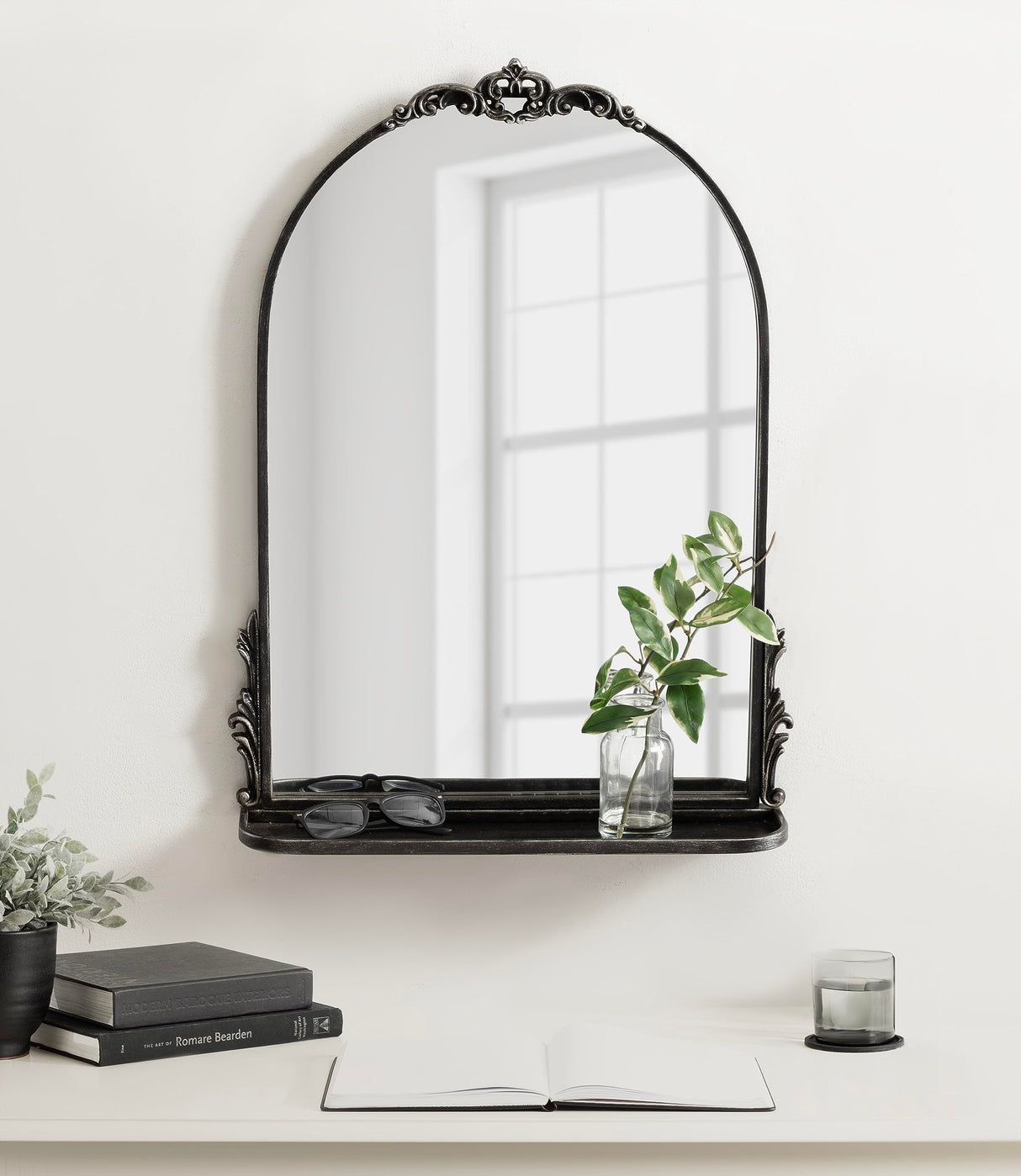 Arched Mirror with Shelf - 21x28 Antique Black