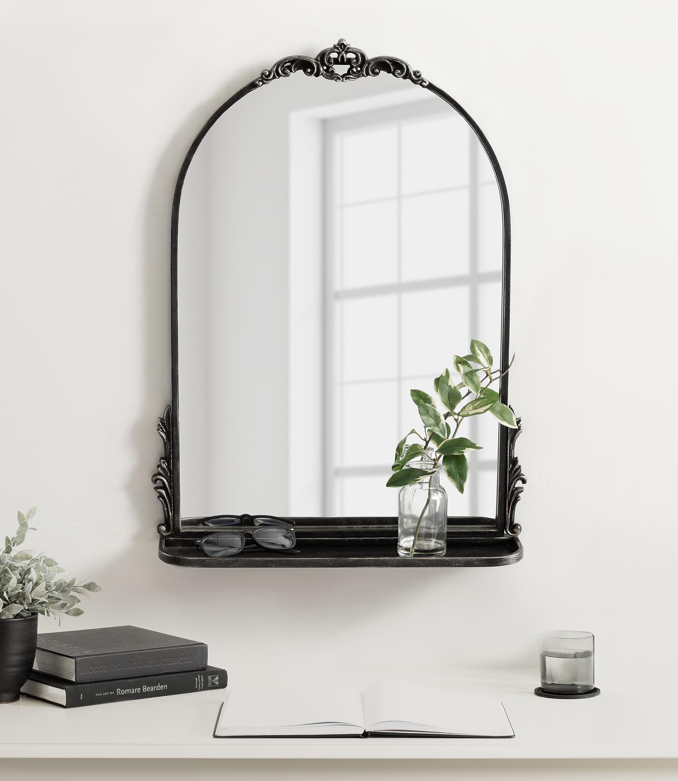 Arched Mirror with Shelf - 21x28 Antique Black