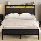 LED Full Size Bed Frame with Charging Station, Platform Metal Headboard Storage