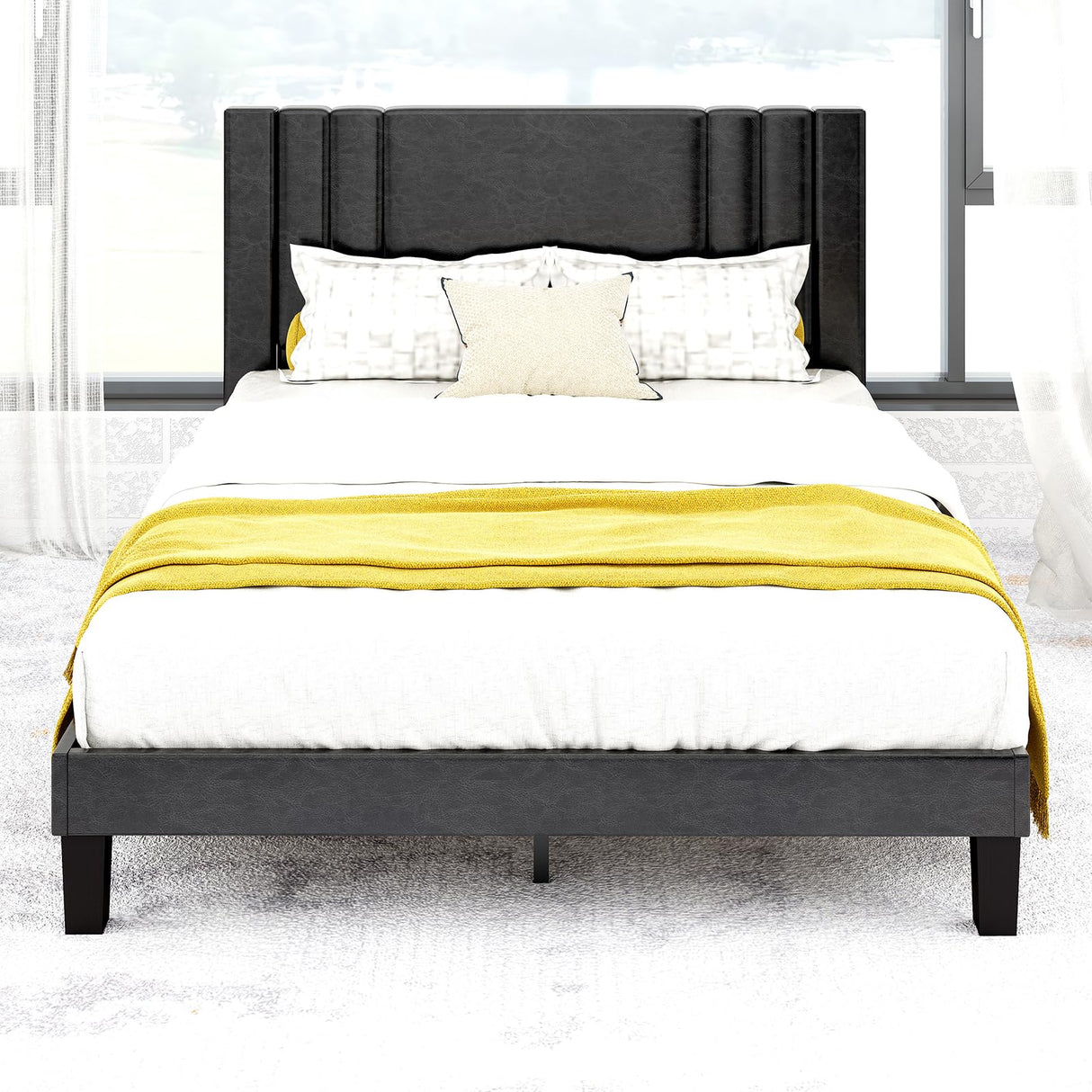 Queen Size Bed Frame, Linen Fabric Upholstered Platform