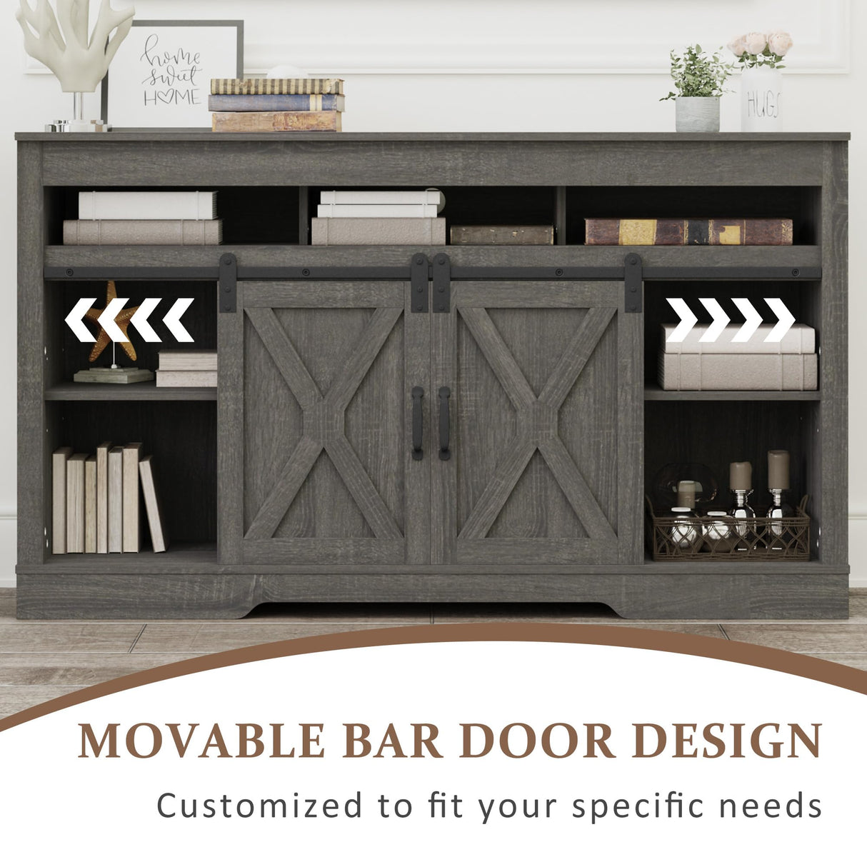 65 inch TV Stand, Entertainment Center with Sliding Barn Doors, Dark Grey