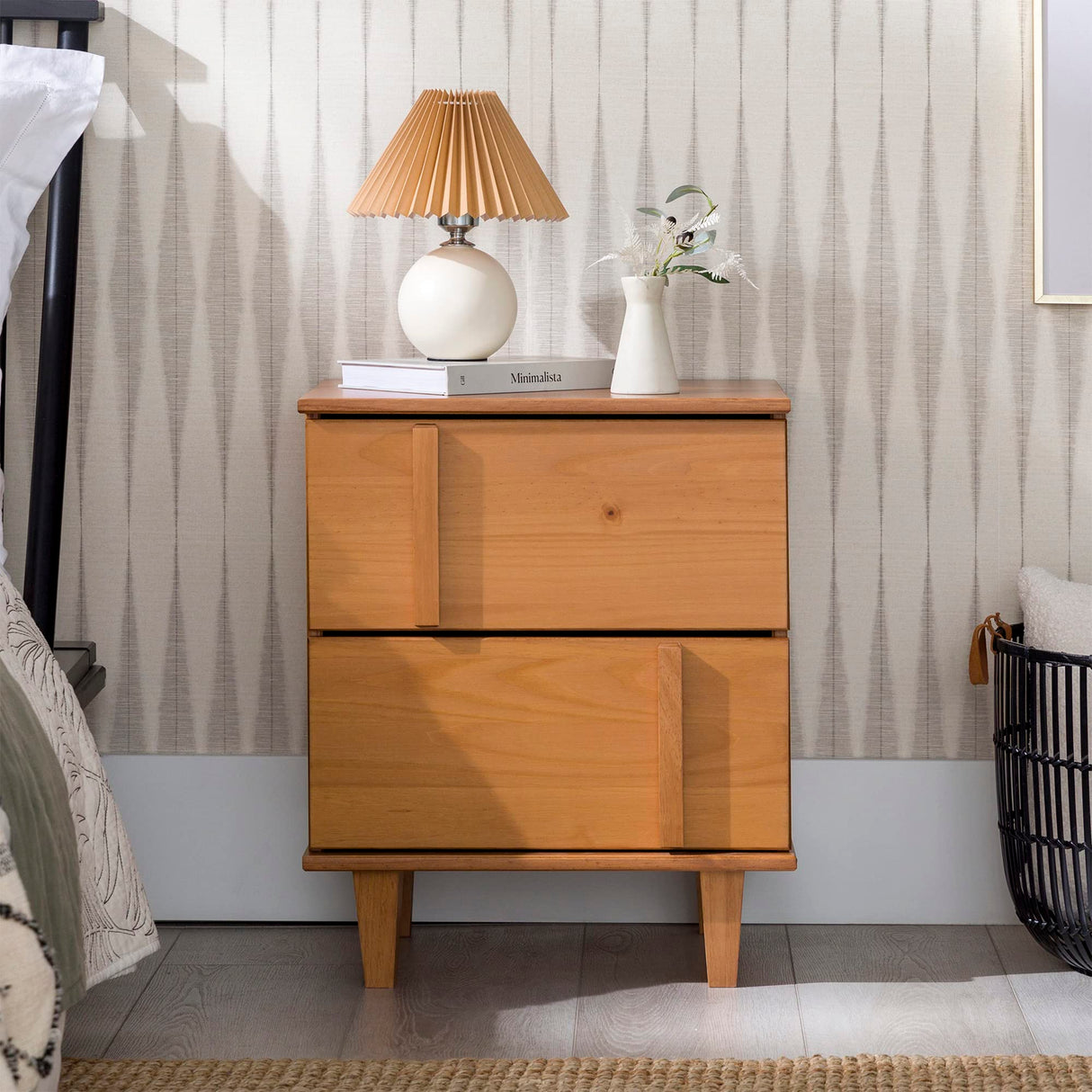 Sprague Contemporary Detailed Drawer Solid Wood Nightstand, 20 Inch, Caramel