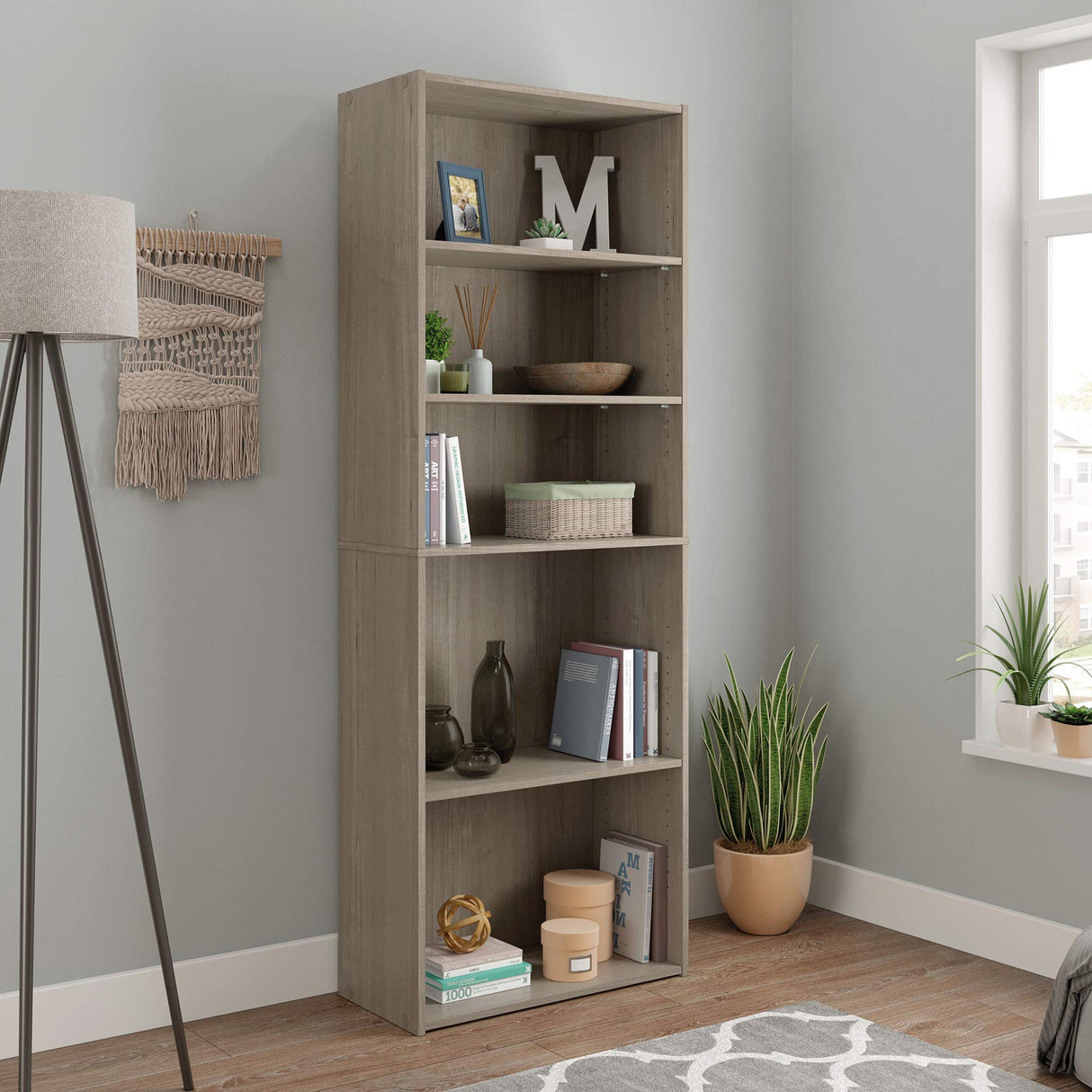 Beginnings Tall 5-Shelf Bookcase/Book Shelf, Silver Sycamore Finish