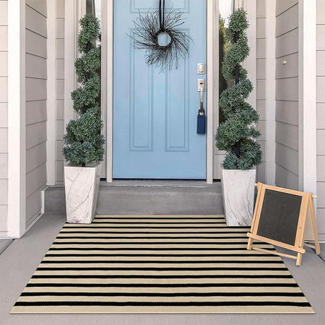 Striped Outdoor Rug 3'x 5', Washable Reversible Striped Outdoor Patio Rugs, Cotton