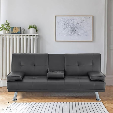 Black Futon Sofa Bed, Faux Leather Futon Couch with Armrest, Black Sofa Bed Couch