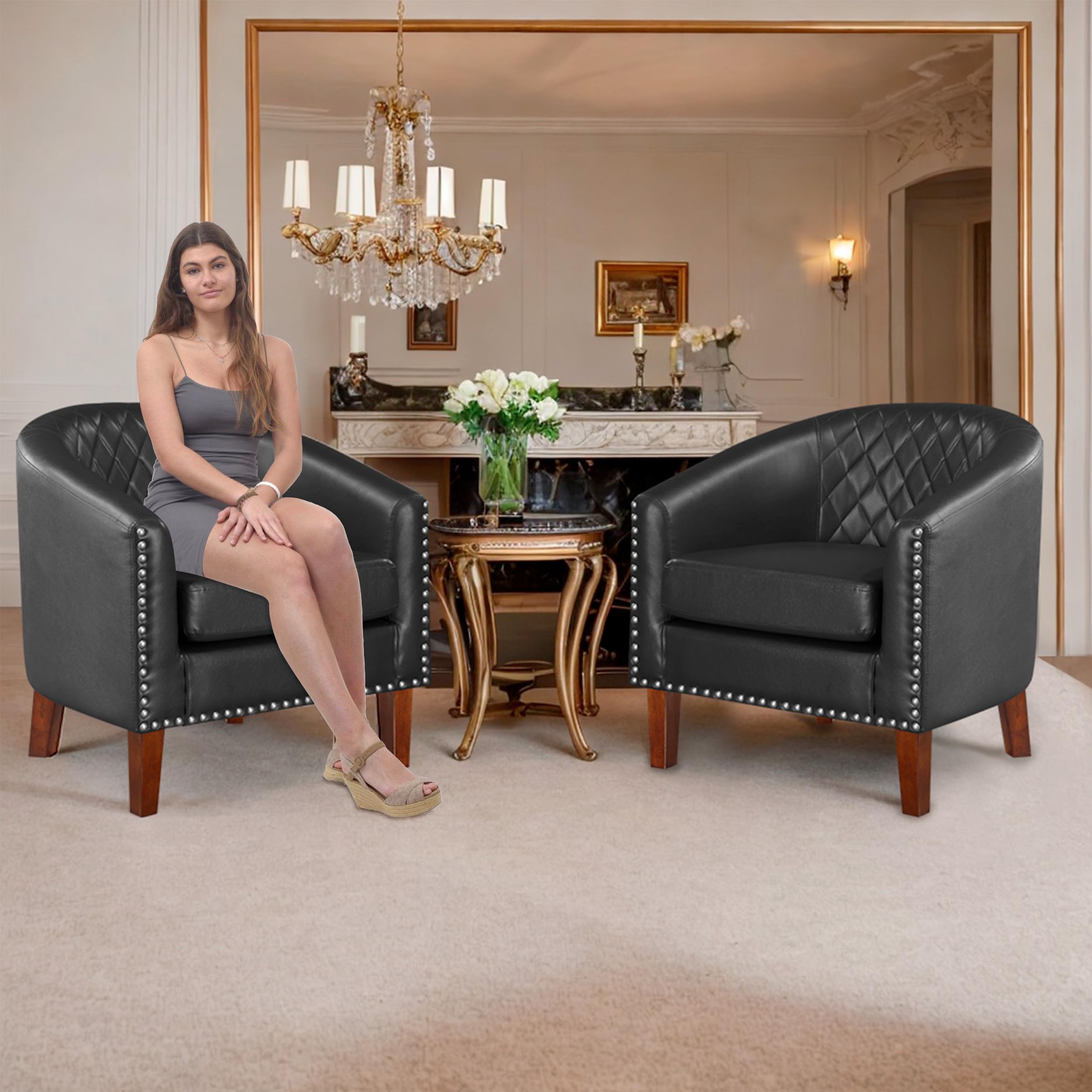 Comfy Barrel Accent Chair - Faux Leather Living Room Chair Club Chair with Cushion