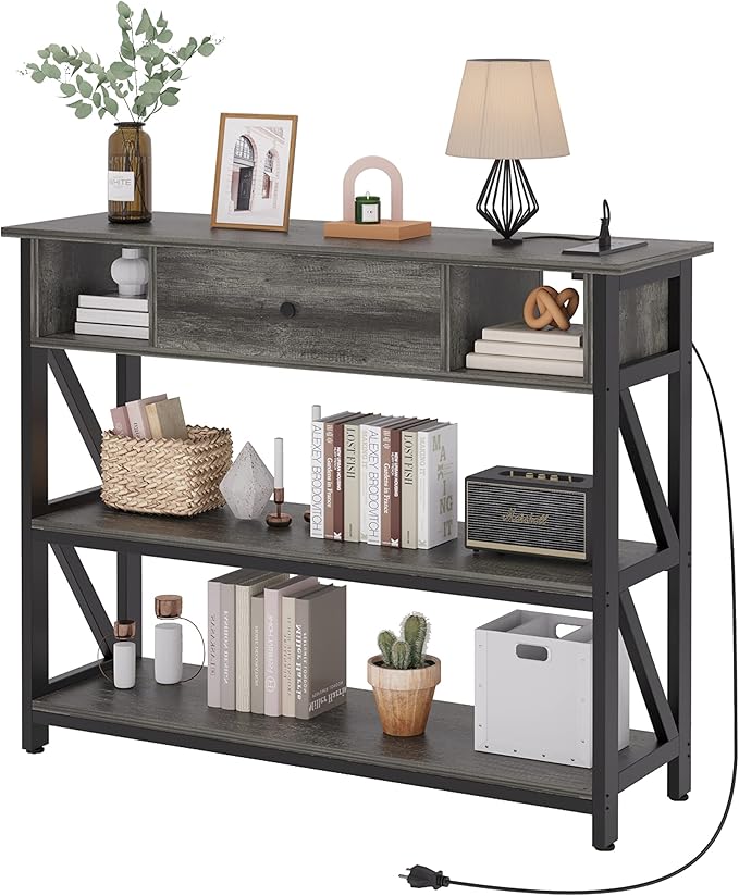 47 Inch Console Sofa Table with Drawer, Industrial Entryway Table with Storage Shelves,