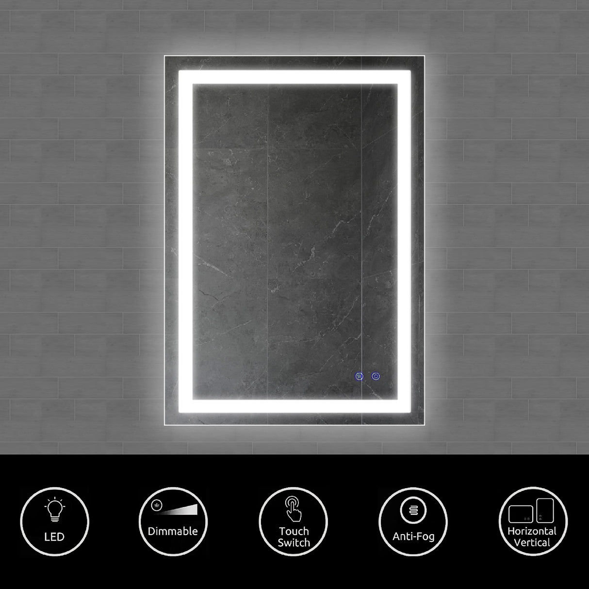 24 x 36 Inch Frameless LED Illuminated Bathroom Wall Mirror, Touch Button Defogger,