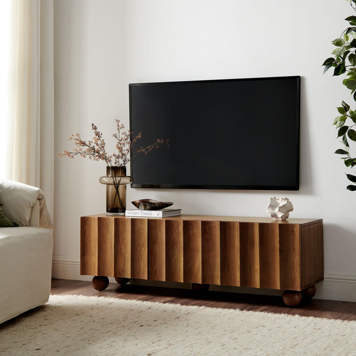 Sorren 54 Inch Scalloped TV Stand in Walnut – 3 Door Media Console Cabinet