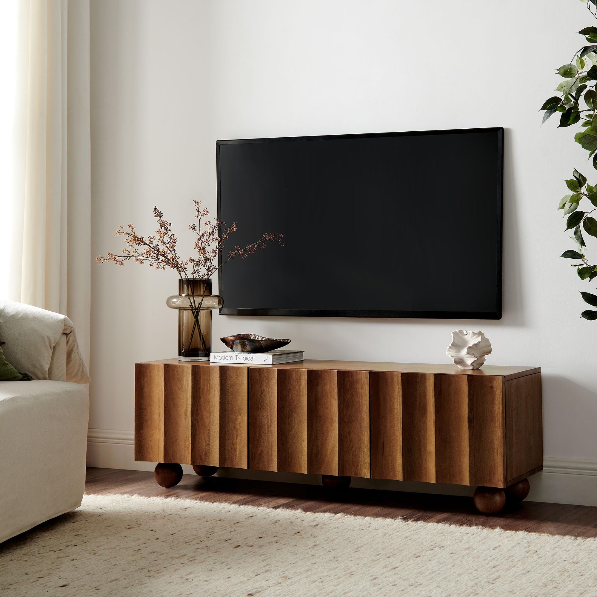 Sorren 54 Inch Scalloped TV Stand in Walnut – 3 Door Media Console Cabinet