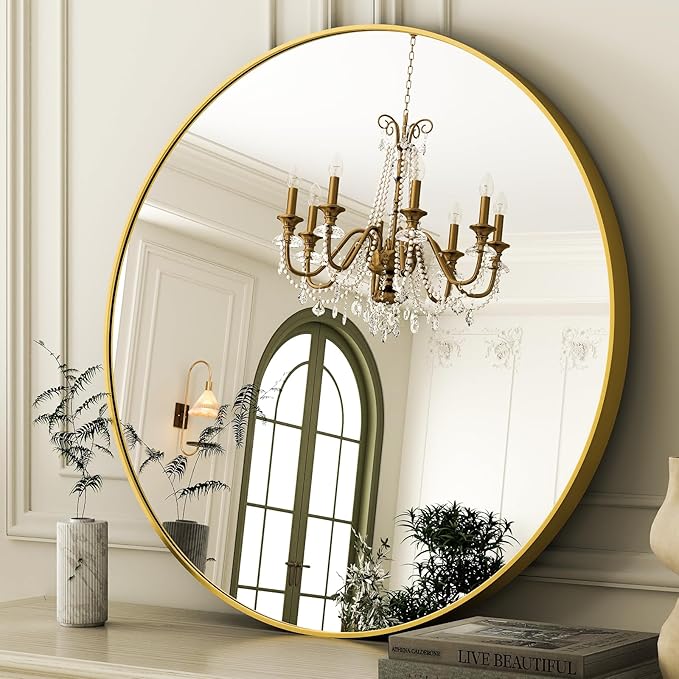 42 Inch Round Bathroom Mirror - Black Wall Mounted Circle Mirror with Metal Frame