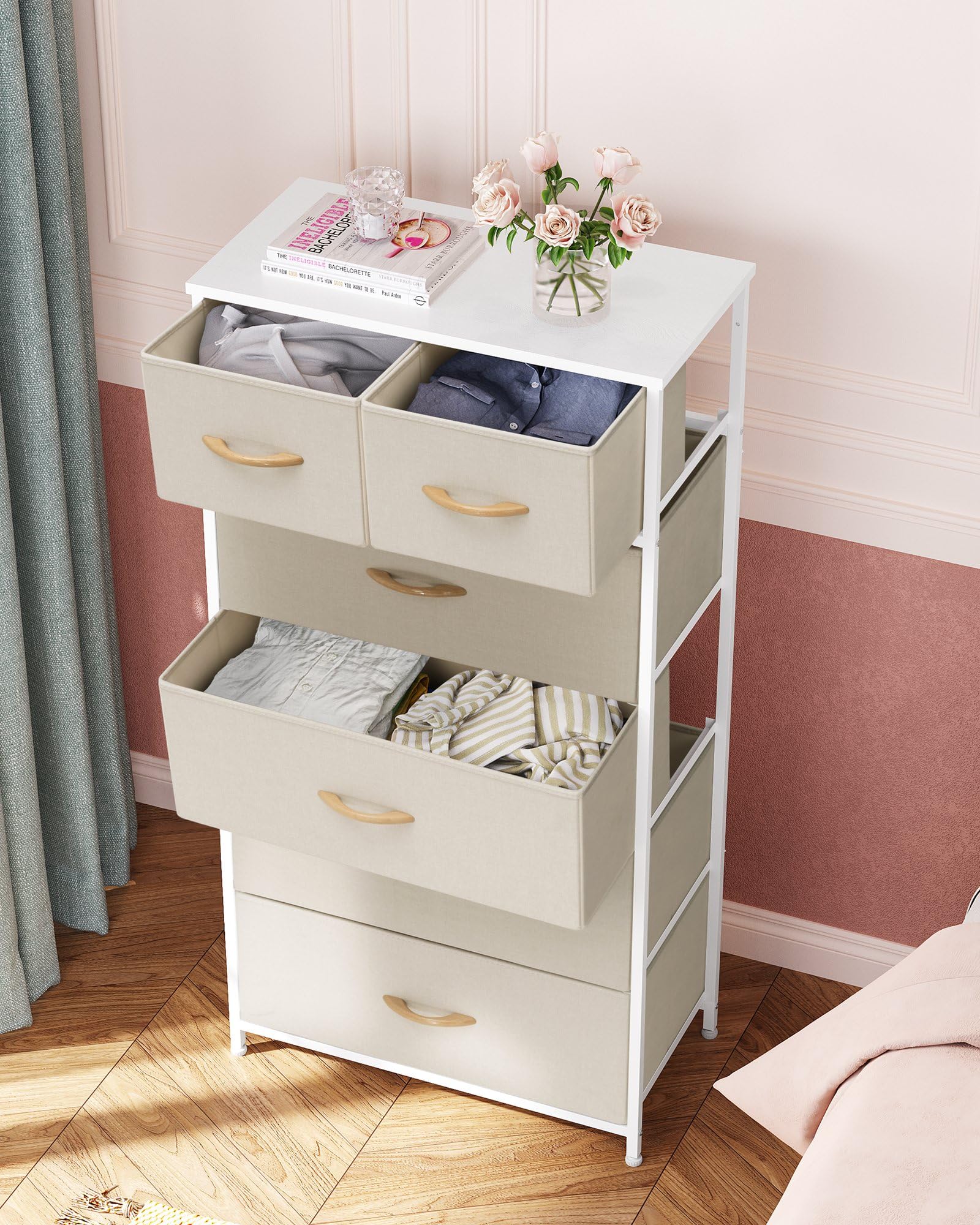 Vertical Dresser Storage Tower - Sturdy Steel Frame, Wood Top, Easy Pull Fabric Bins
