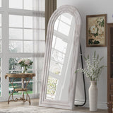 Arched Full Length Mirror with Solid Wood Frame, 65x22 Farmhouse Wall Mirror Full Length with Stand, Vertical Hanging, Leaning Standing for Bedroom, Living Room, Rustic White