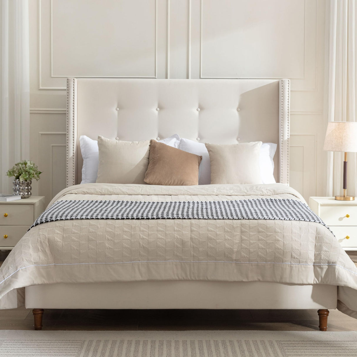 Upholstered Queen Bed with Nailhead Trim Wingback Headboard Ivory - Queen
