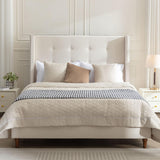 Upholstered Queen Bed with Nailhead Trim Wingback Headboard Ivory - Queen