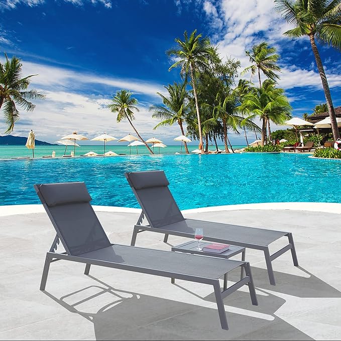 Patio Chaise Lounge Set, Aluminum Pool Lounge Chairs with 5 Adjustable Position