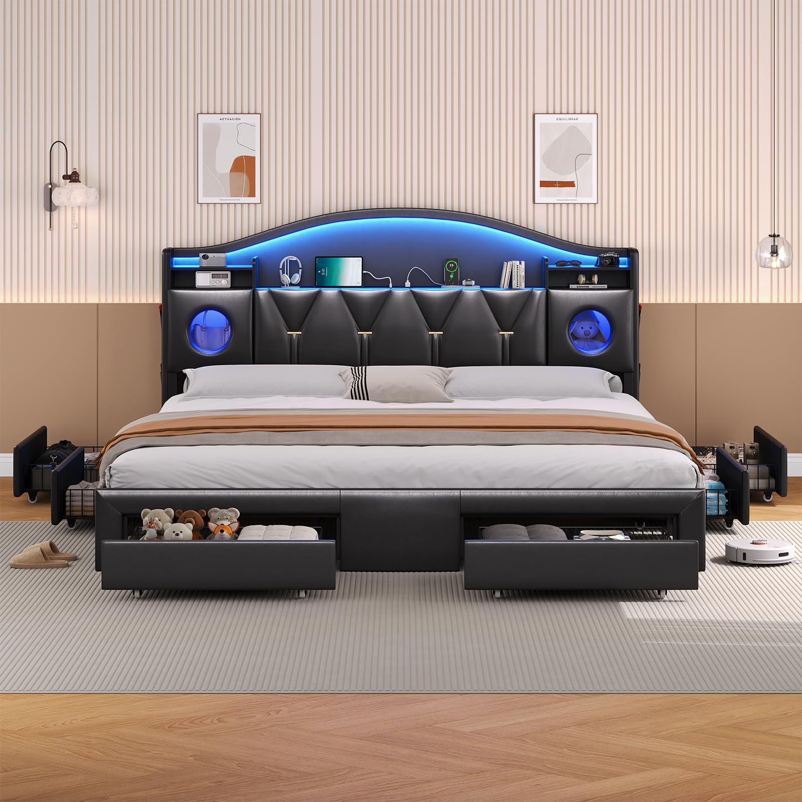 King Size Bed Frame with 6 Storage Drawers and LED Headboard