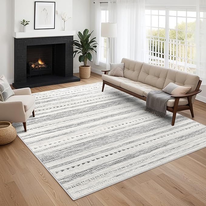 9x12 Large Area Rug: Soft Ultra Thin Machine Washable Farmhouse Area Rugs for Living Room Non-Slip Neutral Modern Geometric Indoor Floor Carpet for Bedroom Under Dinning Table Beige/Grey