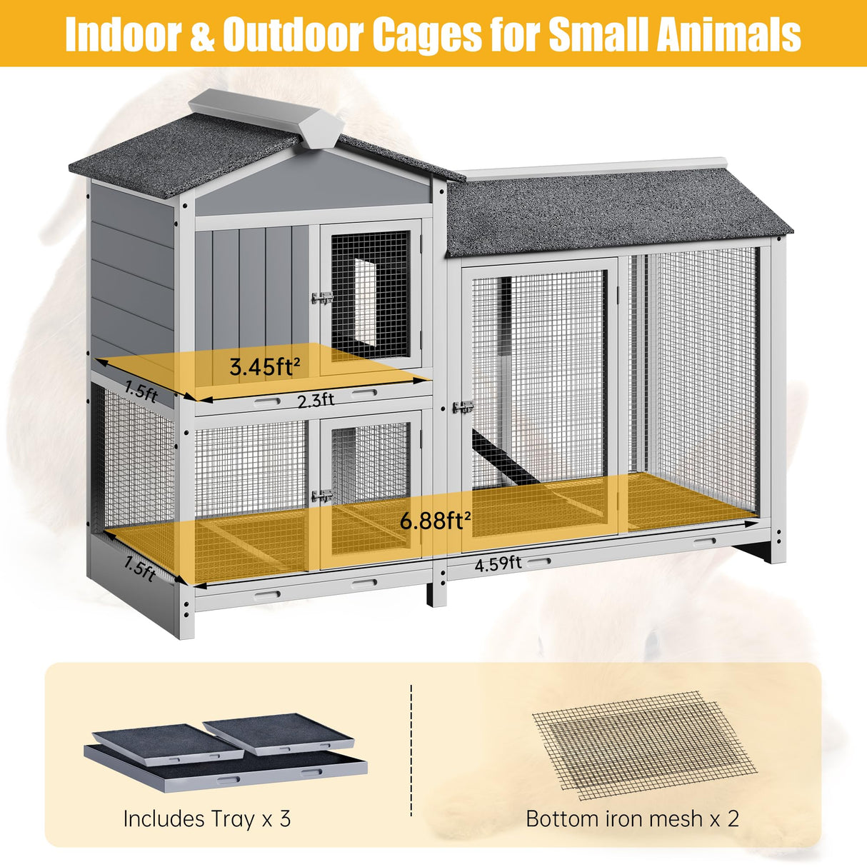 Rabbit Hutch Indoor Outdoor Bunny Cage 63” Guinea Pig Cage 2 Story Rabbit House