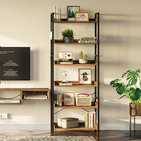 Bookshelf 6 Tier with 4 Hooks, Industrial Bookcase, Vintage Storage Rack with