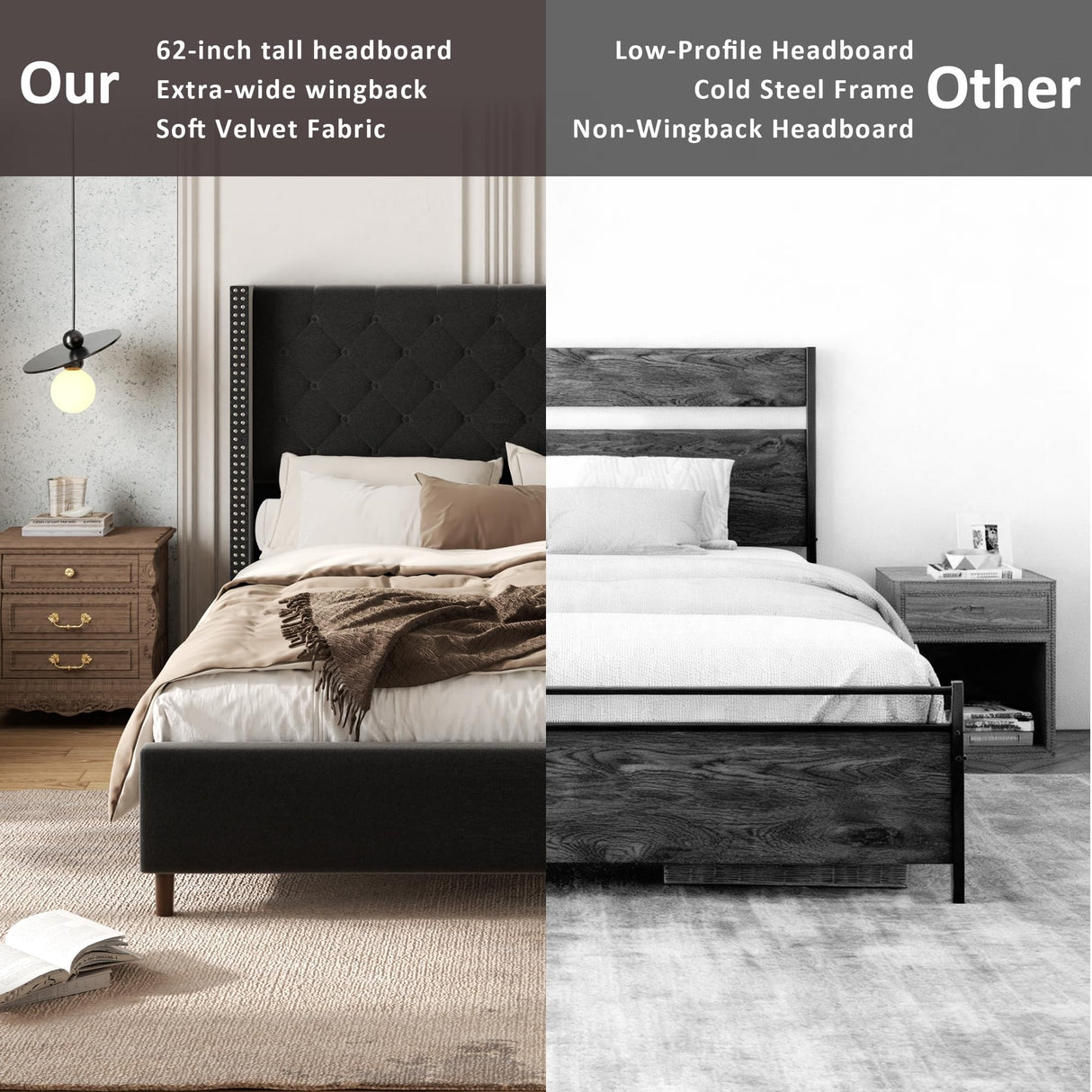 Queen Velvet Platform Bed with 58" Wingback Headboard