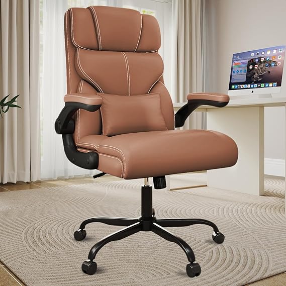 Executive Office Chair with Flip-Up Armrests - Ergonomic Mid-Back Leather Desk Chair