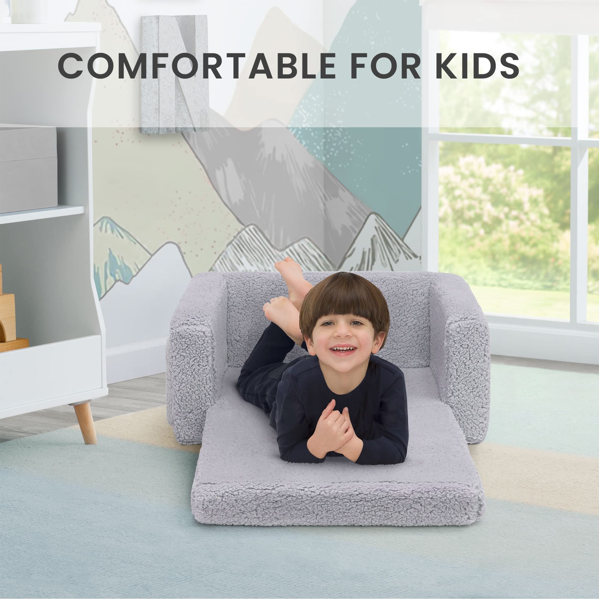 Cozee Flip-Out Sherpa 2-in-1 Convertible Chair to Lounger for Kids, Grey
