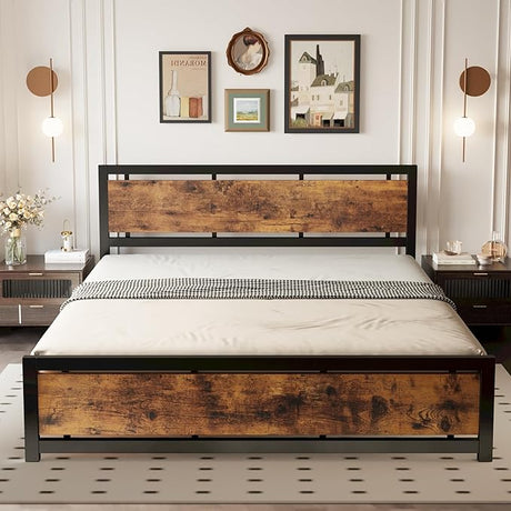 King Bed Frame with Headboard and Footboard, Metal Strong Supports, Easy Assembly,