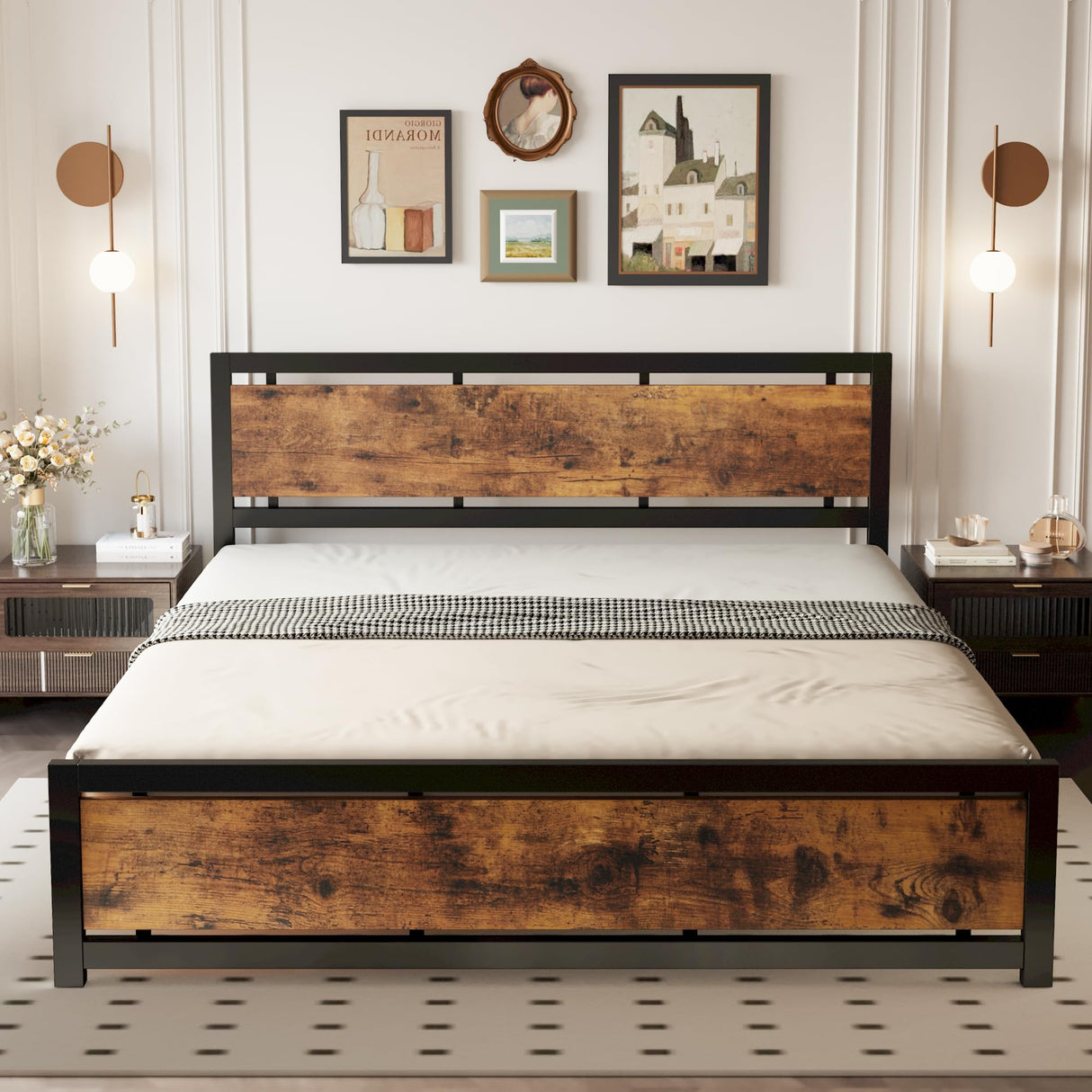 King Bed Frame with Headboard and Footboard, Metal Strong Supports
